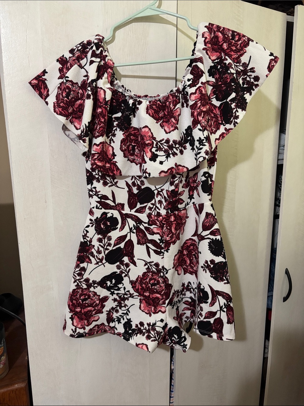 Almost Famous White Off-Shoulder Peplum Top with Pink Floral Print